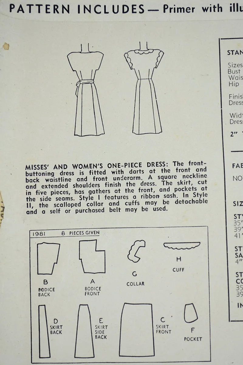 1947 Simplicity 1981 Vintage Button Front Dress Sewing Pattern