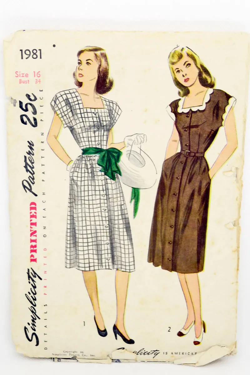 1947 Simplicity 1981 Vintage Button Front Dress Sewing Pattern