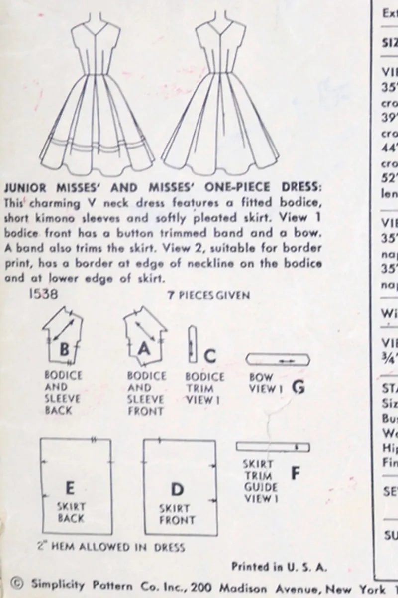 1950s Simplicity 1538 Vintage Dress Sewing Pattern