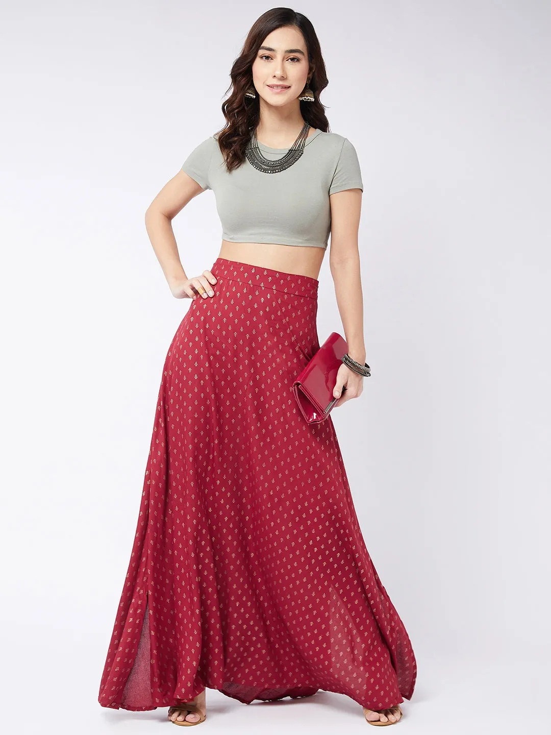 Carmine Pink Gold Print Long Skirt