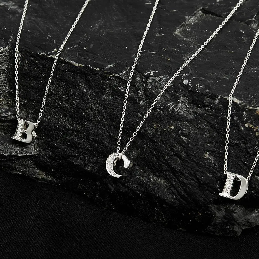 Diamond Initial Letter Pendant Necklace Silver M