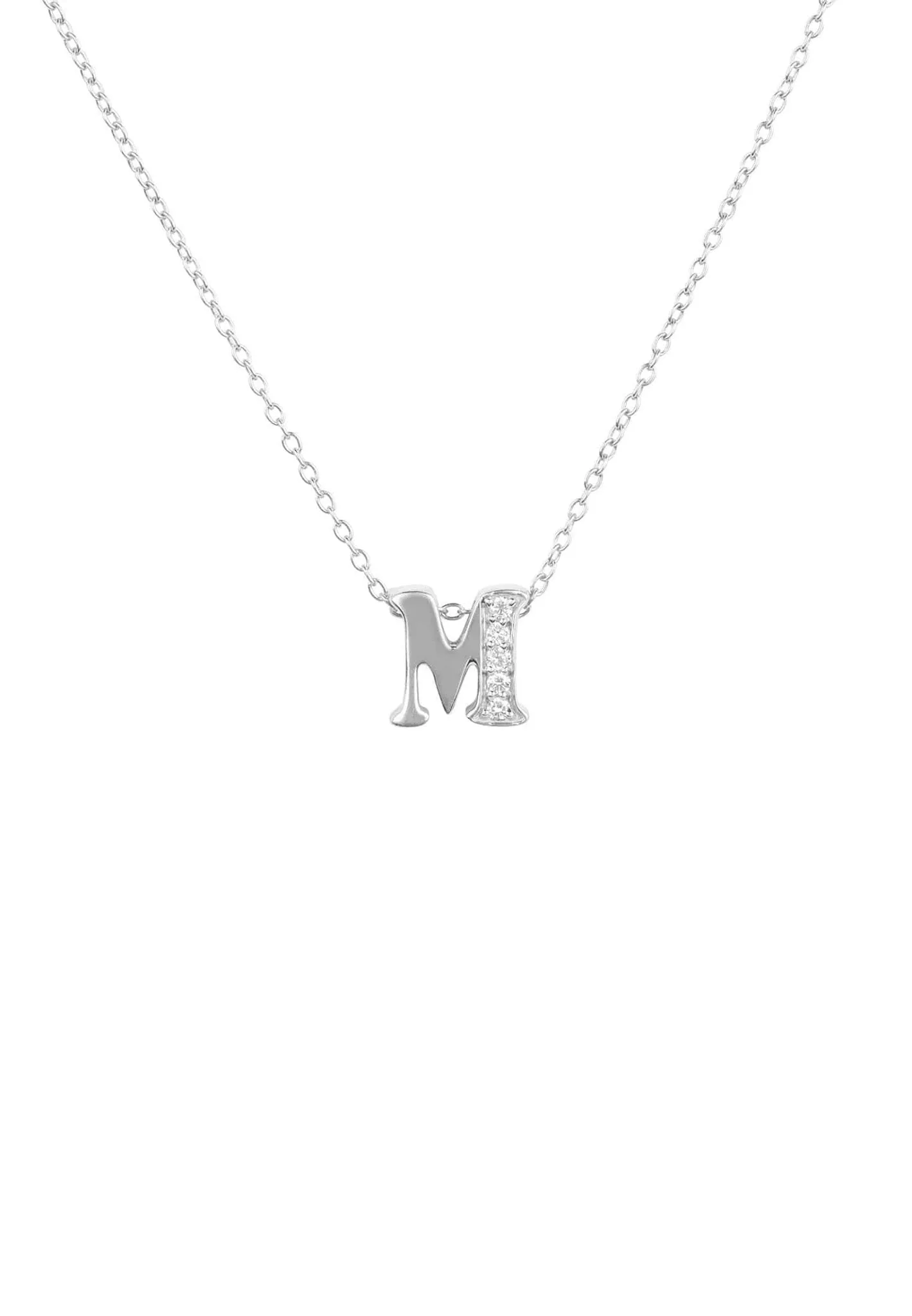 Diamond Initial Letter Pendant Necklace Silver M