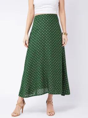 Forest Green Gold Print Long Skirt