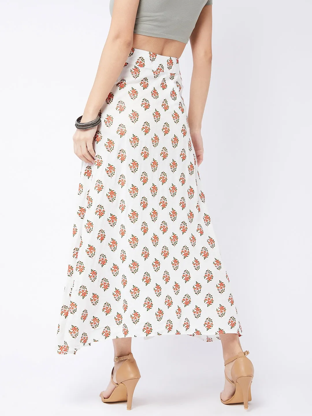 Pearl White Floral Print Long Skirt