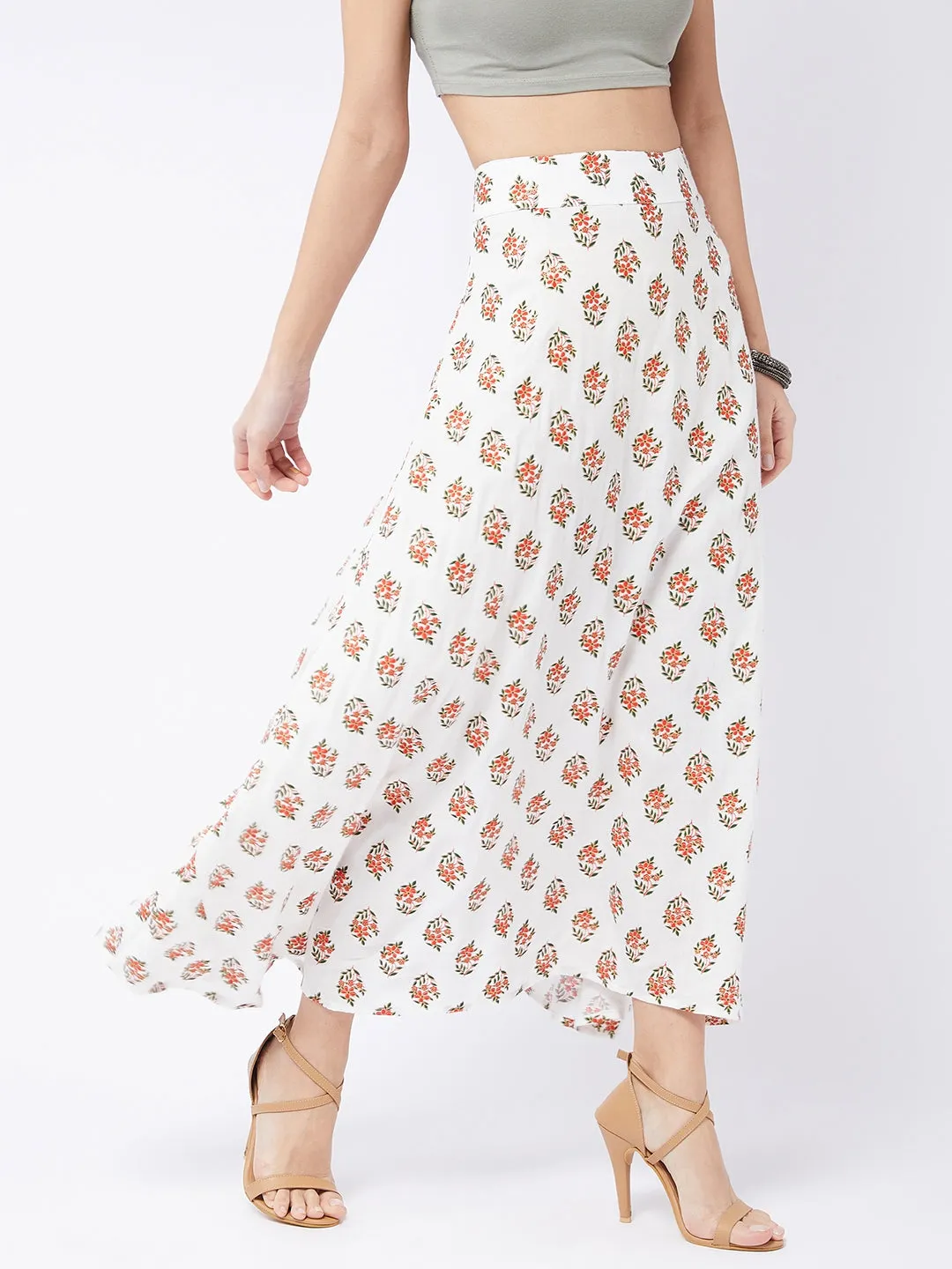 Pearl White Floral Print Long Skirt