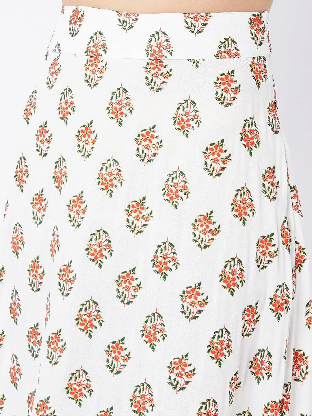 Pearl White Floral Print Long Skirt