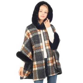 Soft Checker Pattern Hoodie Cape with Faux Fur