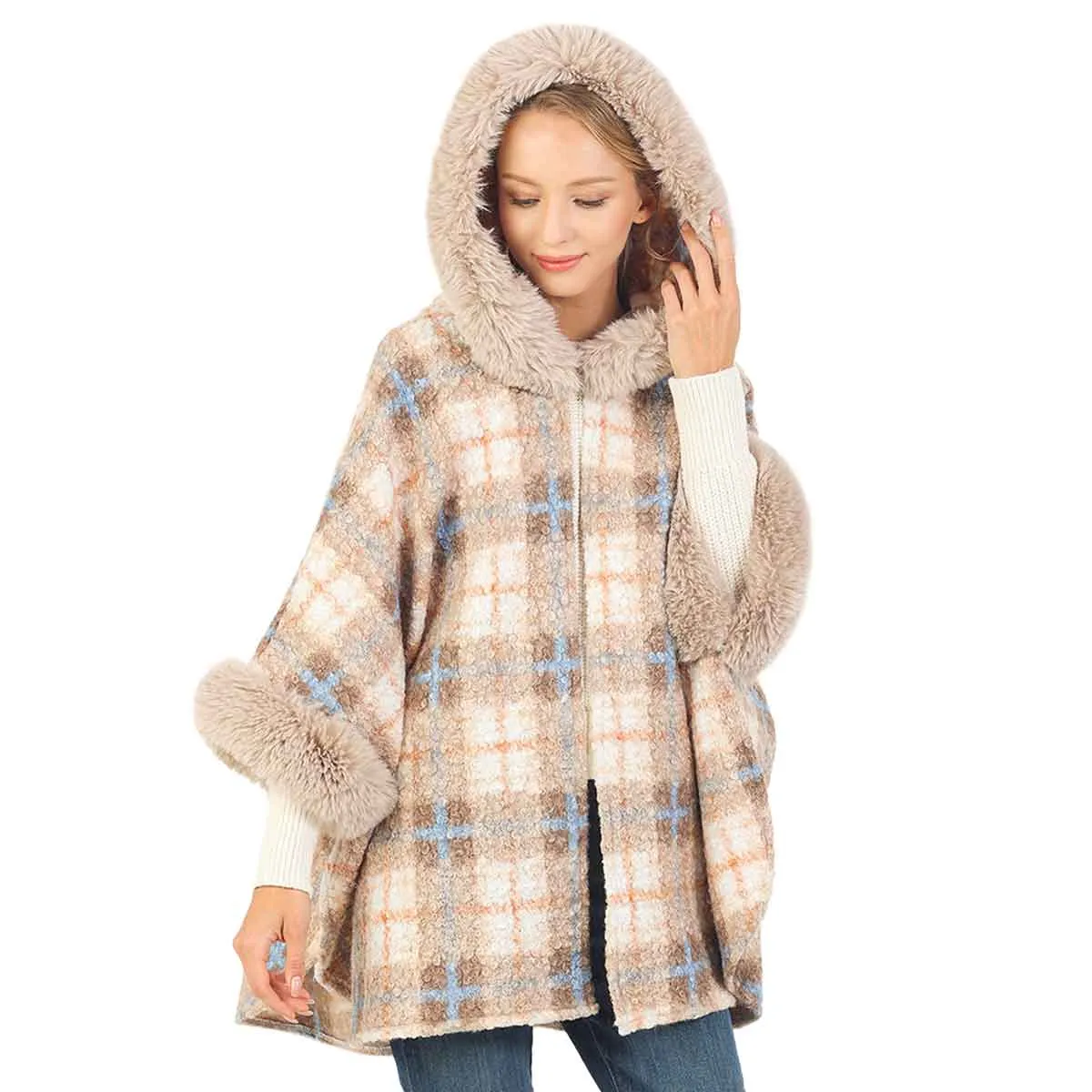 Soft Checker Pattern Hoodie Cape with Faux Fur