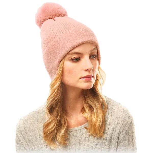 Soft Solid Earflap Knit Pom Pom Beanie Hat