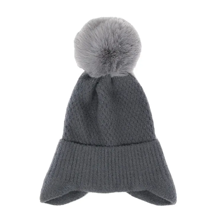 Soft Solid Earflap Knit Pom Pom Beanie Hat