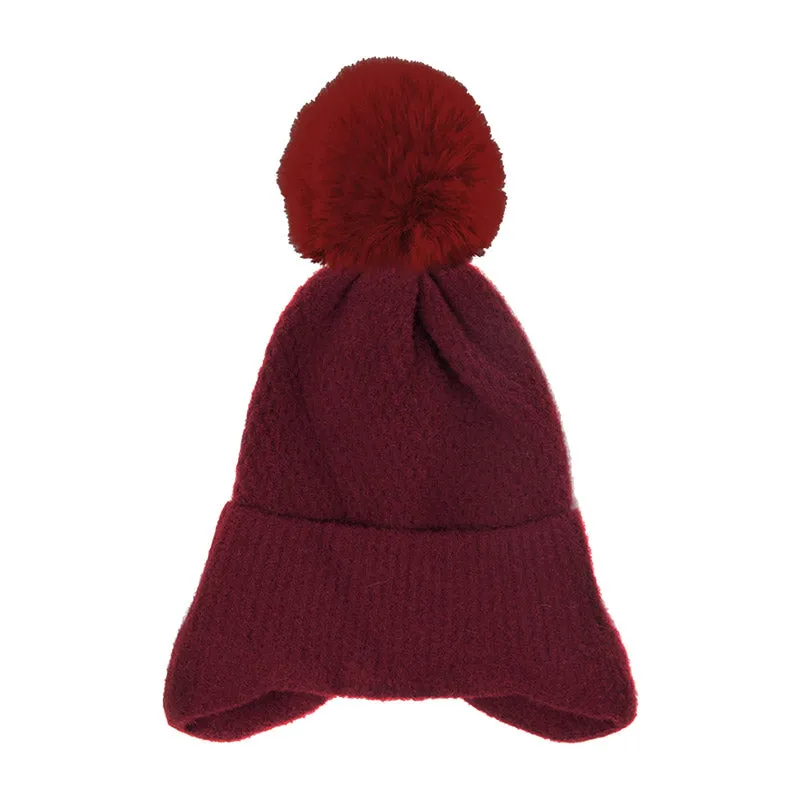 Soft Solid Earflap Knit Pom Pom Beanie Hat